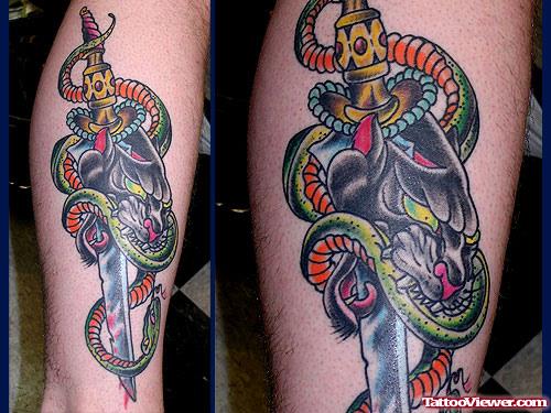 Traditional Panther And Dagger Tattoo