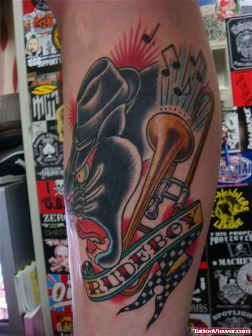 Rude Boy Banner and Panther Head Tattoo On Leg