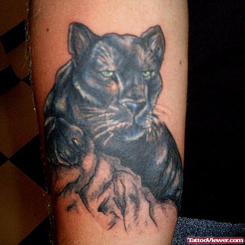 Grey Ink Panther Tattoo On Right Arm