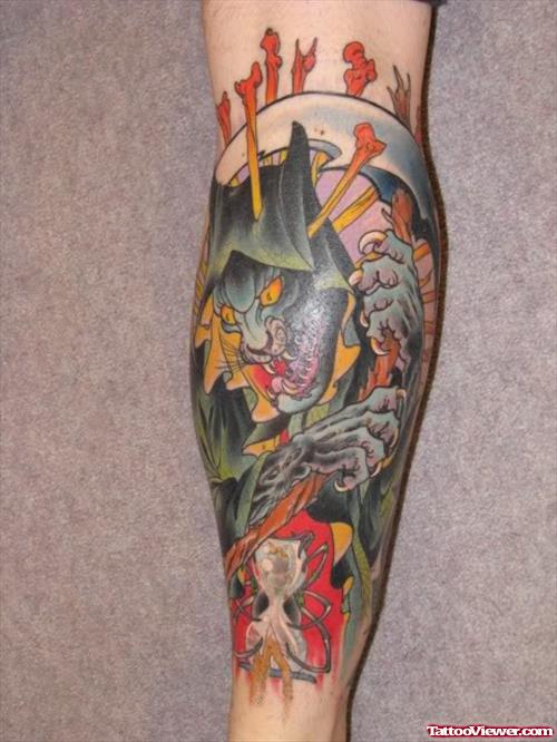 Colored Panther Tattoo On Leg