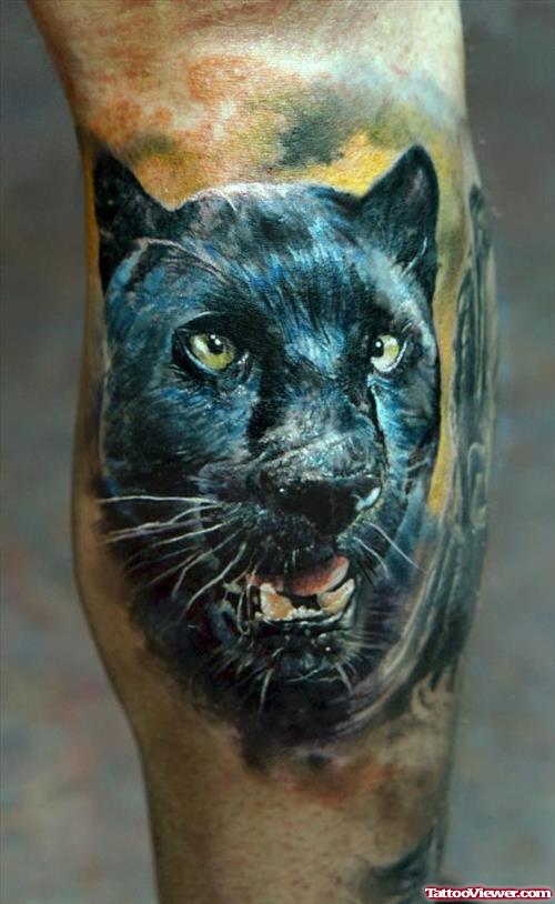Black Ink Panther Head Tattoo on Leg