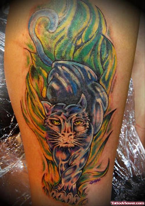 Attractive Colored Panther Tattoo On Leg