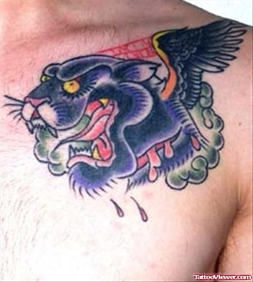 Winged Panther Head Tattoo On Man Chest
