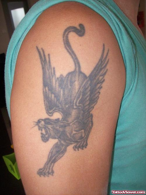 Winged Black Panther Tattoo On Right SHoulder