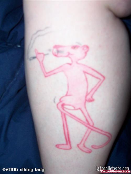 Smoking Pink Panther Tattoo On Leg