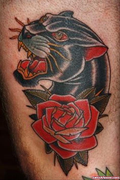 Red Rose Flower And Black Panther Head Tattoo