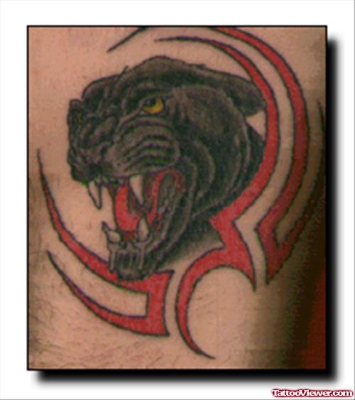 Red Ink Tribal And Panther Head Tattoo
