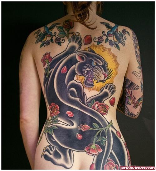 Red Flowers and Panther Tattoo On Back