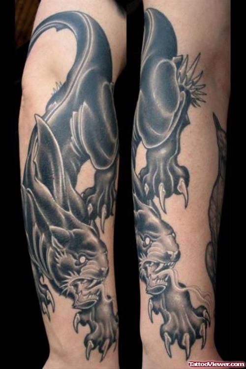 Grey Ink Panther Tattoo On Sleeve