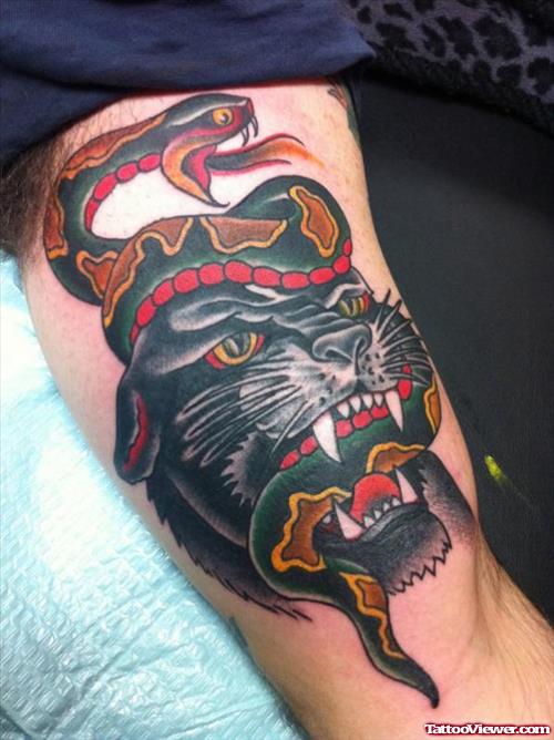 Green Snake And Panther Head Tattoo