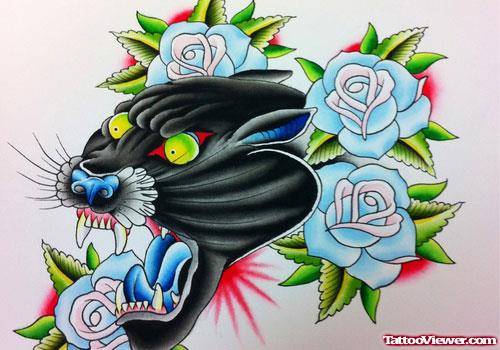 Blue Rose Flowers And Panther Head Tattoo Design