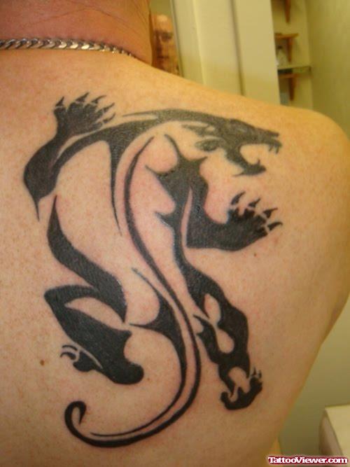 Black Tribal Panther Tattoo On Right Back Shoulder