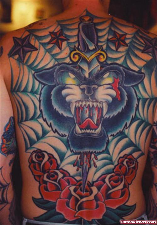 Awesome Red FLowers And Panther Tattoo On Back