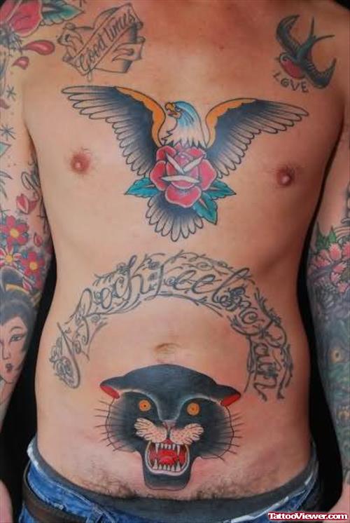 Rose Flower Flying Bird and Panther Head Tattoo On Belly