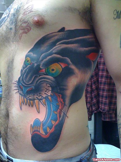 Panther Head Tattoo On Man Rib Side