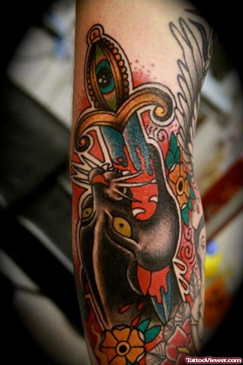 Dagger And Panther Tattoo On Sleeve
