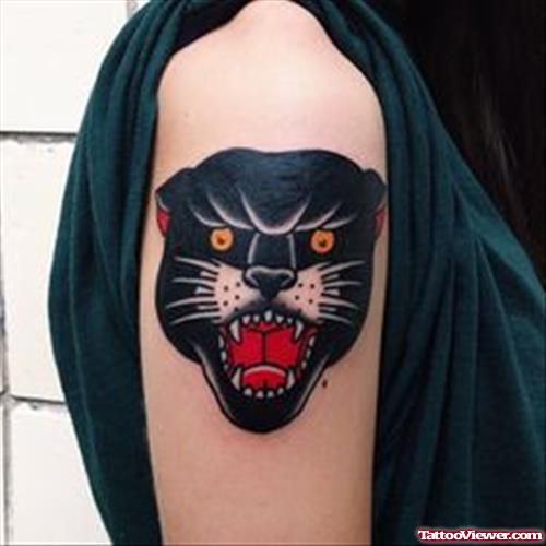 Black Panther Head Tattoo On Right Bicep