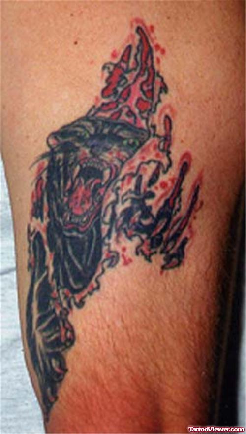 Attractive Ripped SKin Panther Tattoo On Sleeve