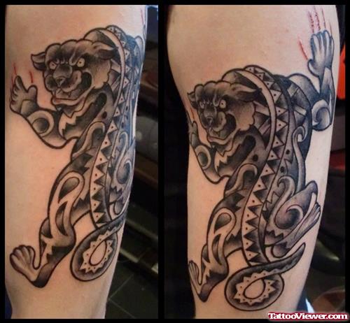 Grey Ink Panther Tattoo On Half Sleeve