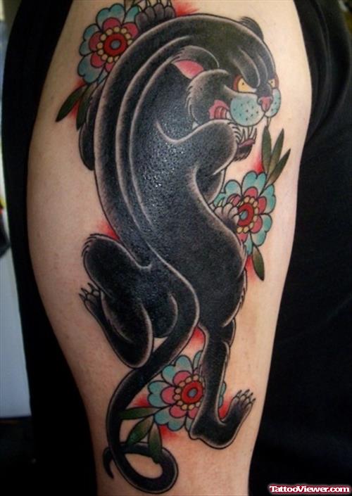 Flowers And Panther Tattoo On Half Sleeve