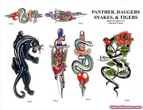 Daggers And Snake With Panther Tattoo Design