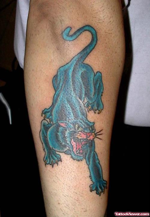 Blue Ink Panther Tattoo On Arm