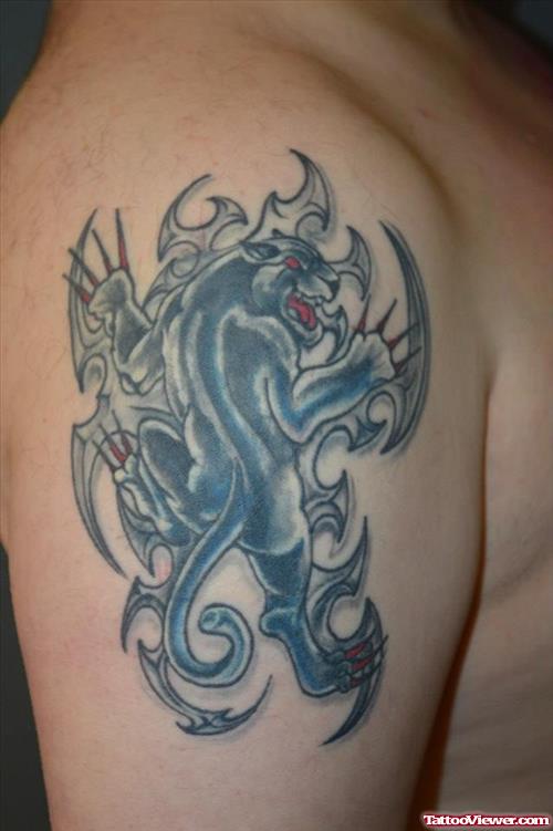 Awesome Tribal And Panther Tattoo On Man Right Shoulder