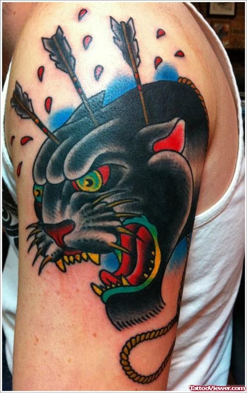 Arrows In Panther Head Tattoo On Left Half Sleeve