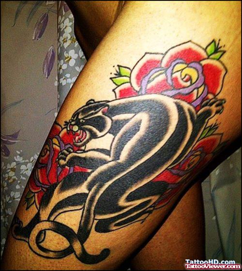 Red Rose Flower and Black Panther Tattoo