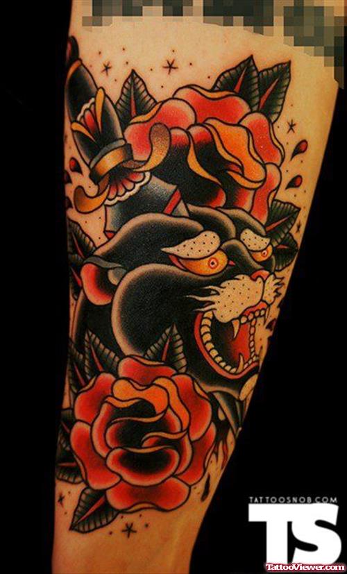 Red Flowers and Black Panther Tattoo
