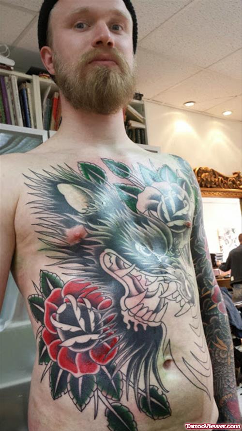 Large Red Rose and Panther Tattoo on Chest