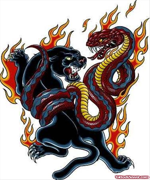 Flaming Snake And Panther Tattoo Design