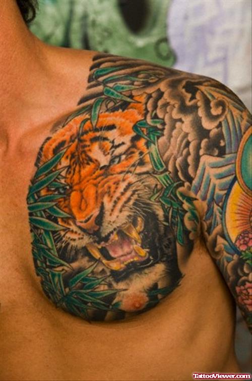 Color Panther Tattoo On Man Chest