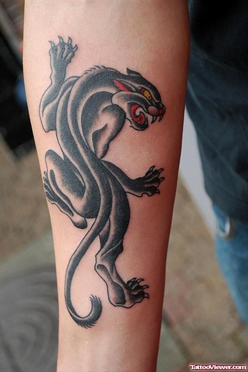 Awesome Red Eyes Panther Tattoo On Leg