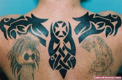 Tribal And Panther Tattoo On Right Back Shoulder