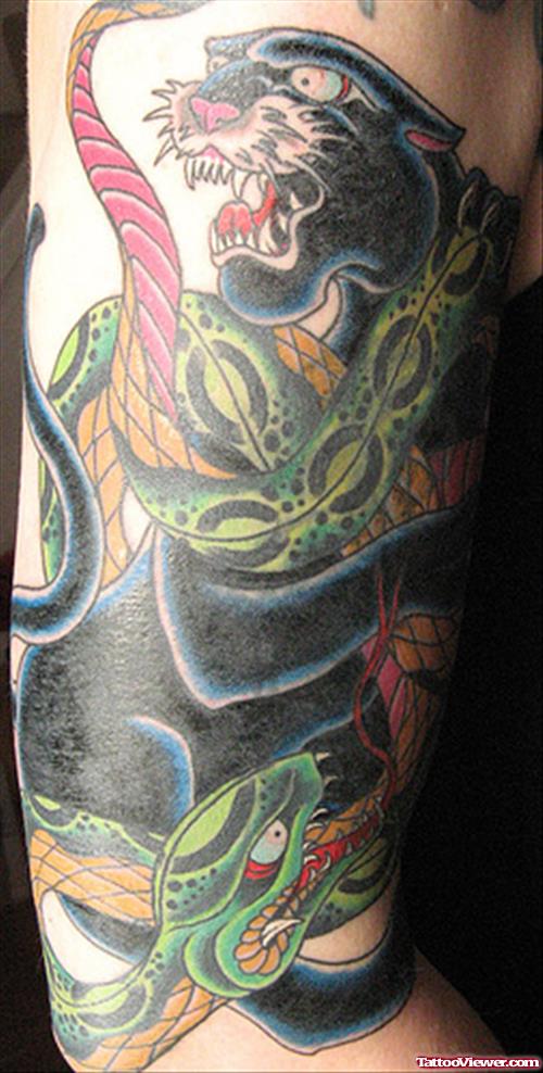 Snake And Panther Fight Tattoo On Half Sleeve