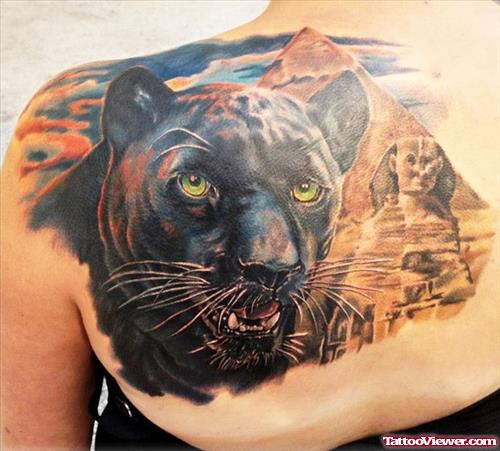Black Panther Head Tattoo On Left Back Shoulder