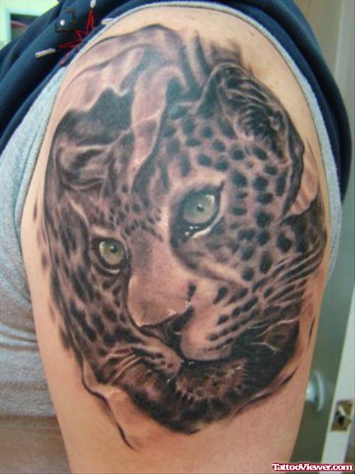 Amazing Grey Ink Panther Tattoo On Left Shoulder