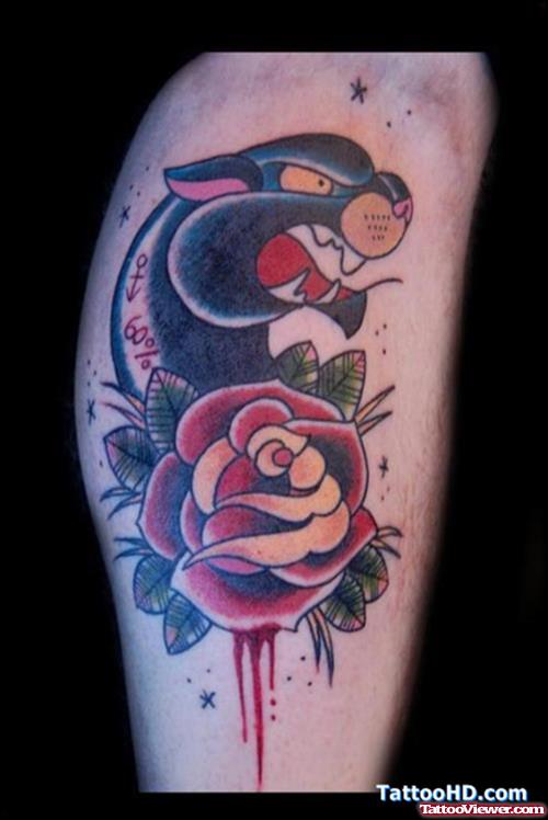 Red Rose And Panther Tattoo On Leg