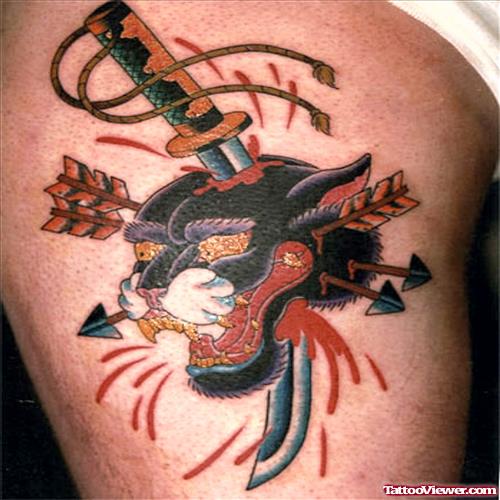 Panther Head With Arrows And Dagger Tattoo