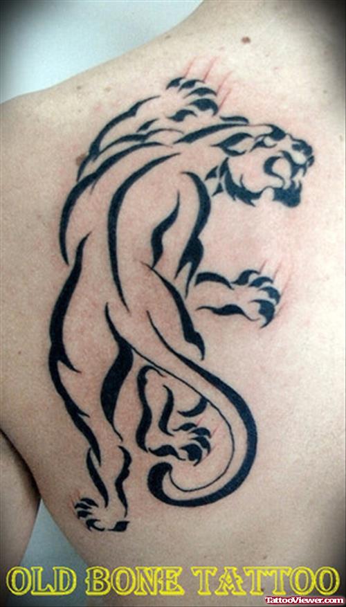 Black Tribal Panther Tattoo On Right Leg