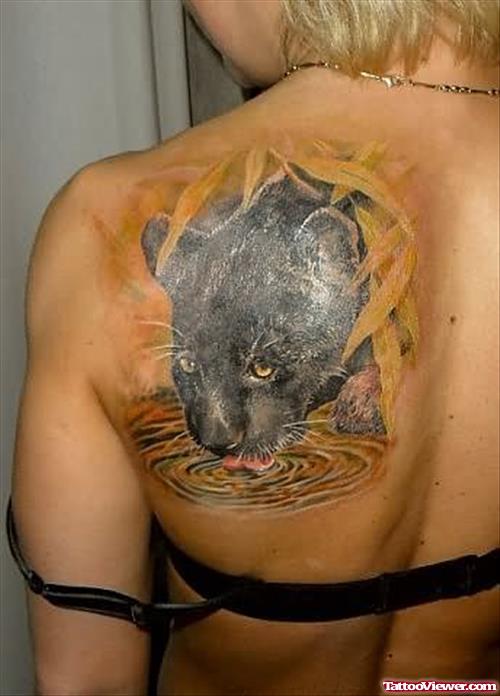 Panther Black Head Tattoo On Back Shoulder