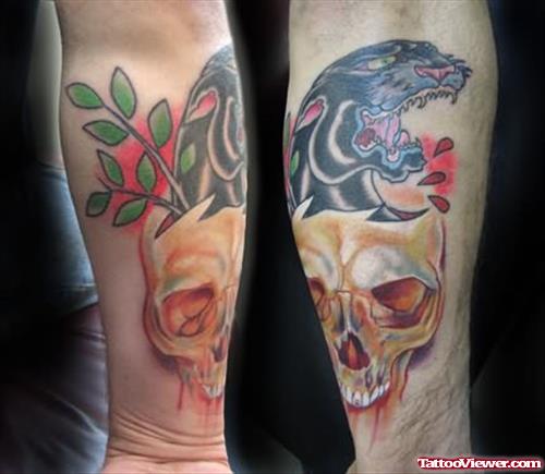 Traditional Panther Tattoo With Skull