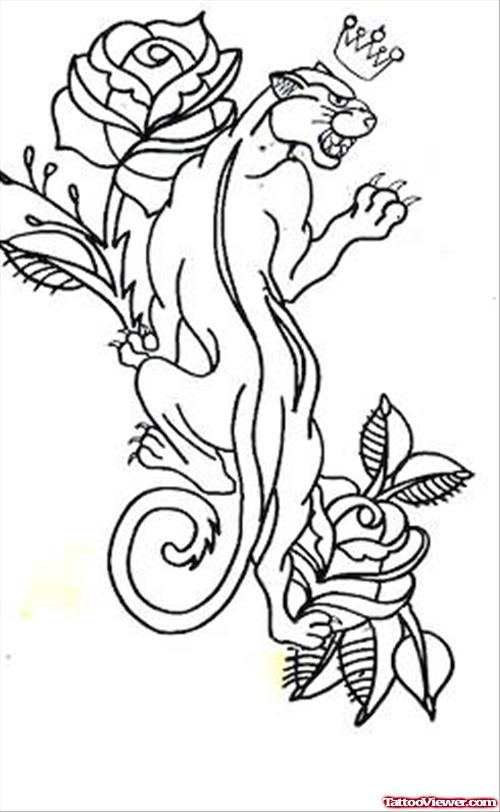 Traditional Flower And  Panther Tattoo Design
