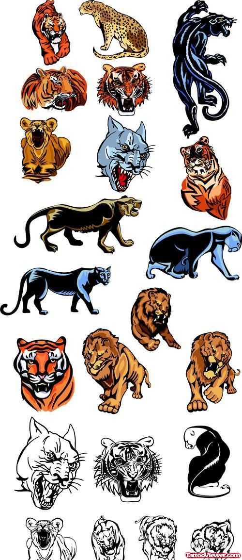 Vector Tiger Lion Panther Tattoos