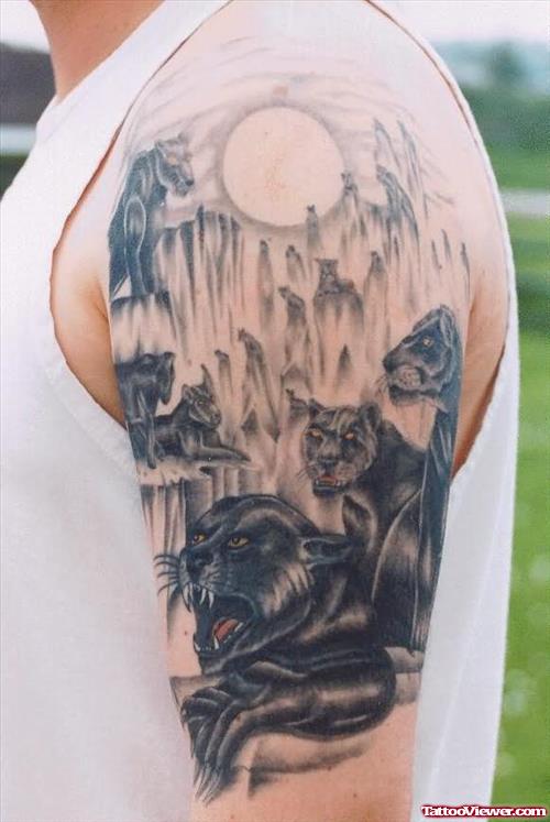 Panthers And Moon Tattoo On Shoulder