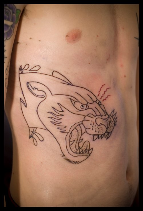 Outline Panther Head Tattoo On Side Rib