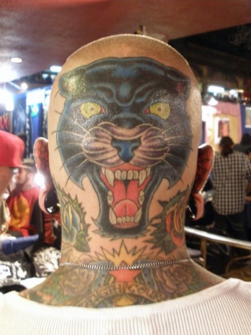 Black Ink Panther Head Tattoo On Back Head