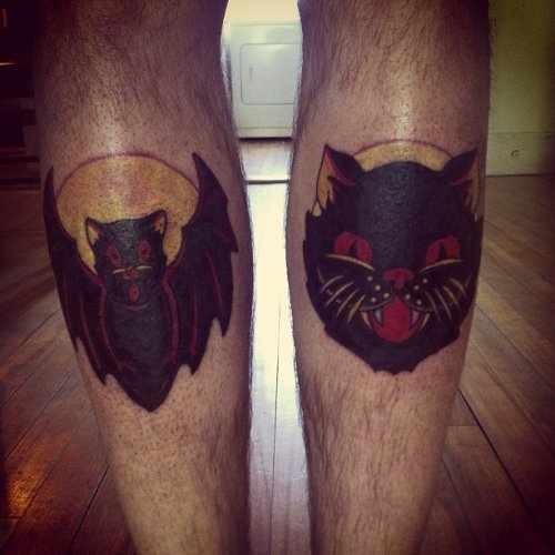 Bat and Panther Tattoo On Both Legs