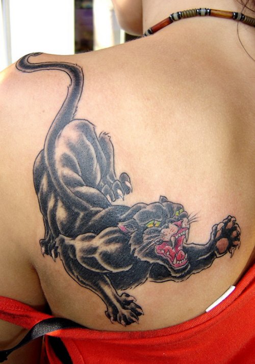 Crawling Panther Tattoo On Left Back Shoulder